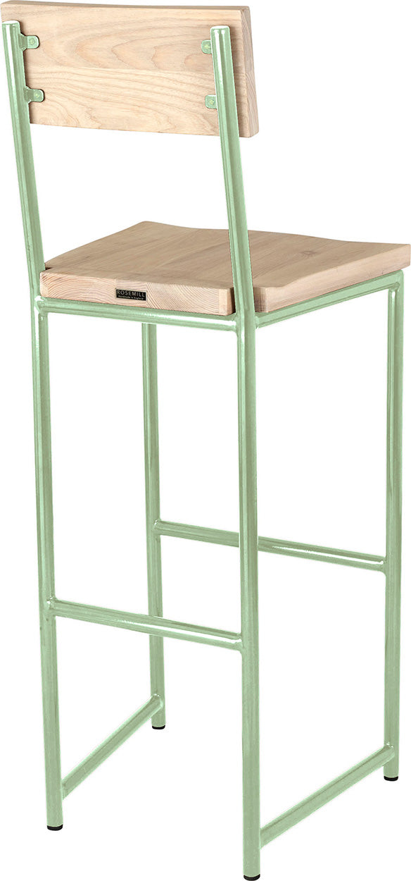 Mint green metal stool with back with whitewash stain ash wood made in UK - back side view round frame