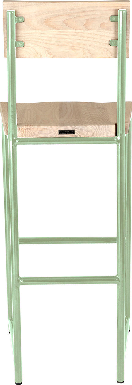 Mint green metal stool with back with whitewash stain ash wood made in UK - back view round frame