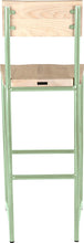 Load image into Gallery viewer, Mint green metal stool with back with whitewash stain ash wood made in UK - back view round frame
