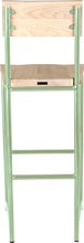 Load image into Gallery viewer, Mint green metal stool with back with whitewash stain ash wood made in UK - back view round frame
