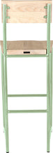 Load image into Gallery viewer, Mint green metal stool with back with whitewash stain ash wood made in UK - back view round frame
