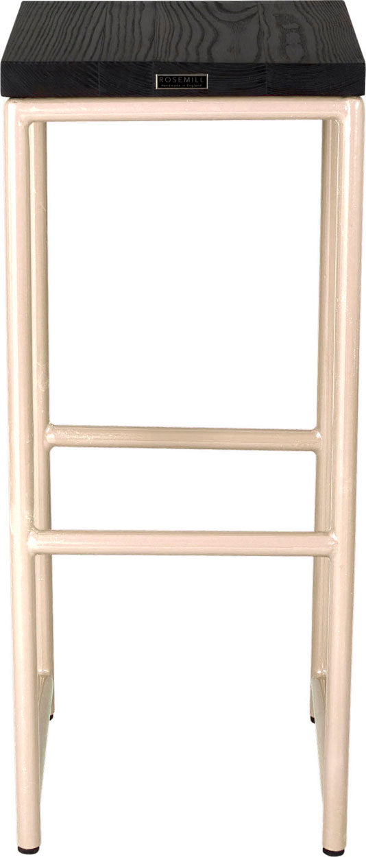 Off white metal stool with black stain ash wood made in UK - back view round frame