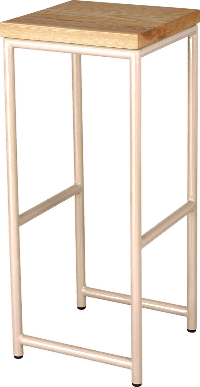 Off white metal stool with natural stain ash wood made in UK - angle view round frame