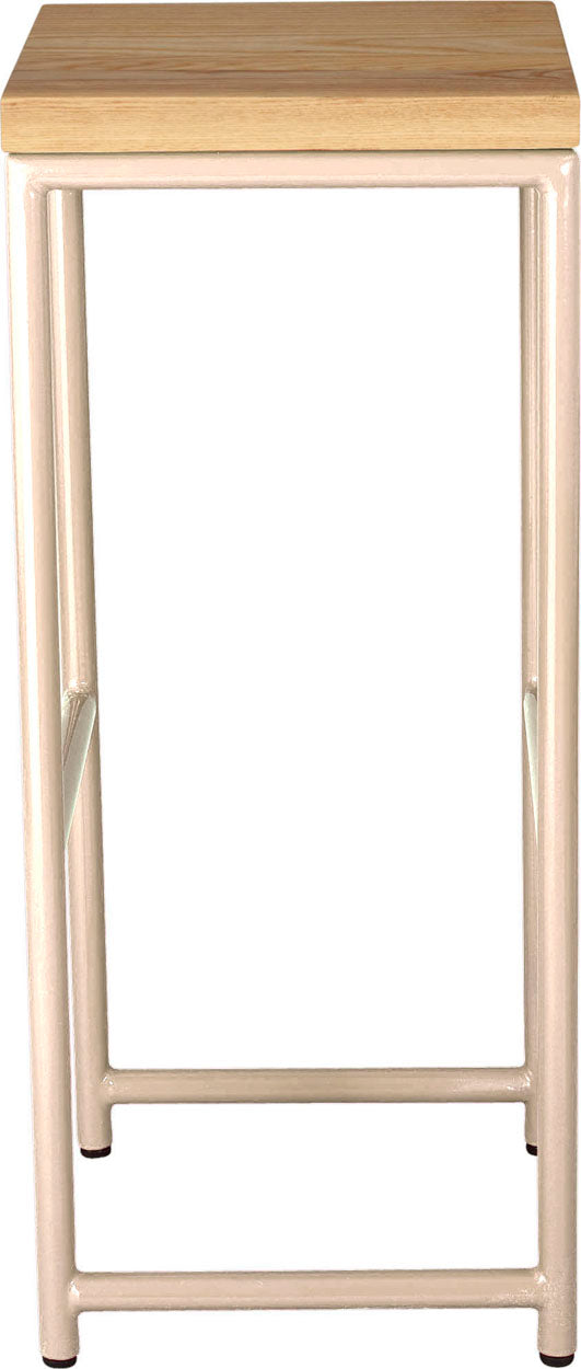 Off white metal stool with natural stain ash wood made in UK - side view round frame