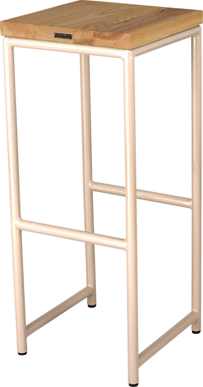 Off white metal stool with natural stain ash wood made in UK - back side view round frame