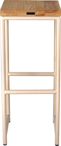 Off white metal stool with natural stain ash wood made in UK - back view round frame