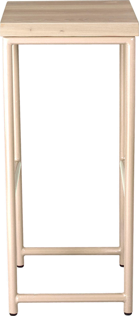 Off white metal stool with whitewash stain ash wood made in UK - side view round frame