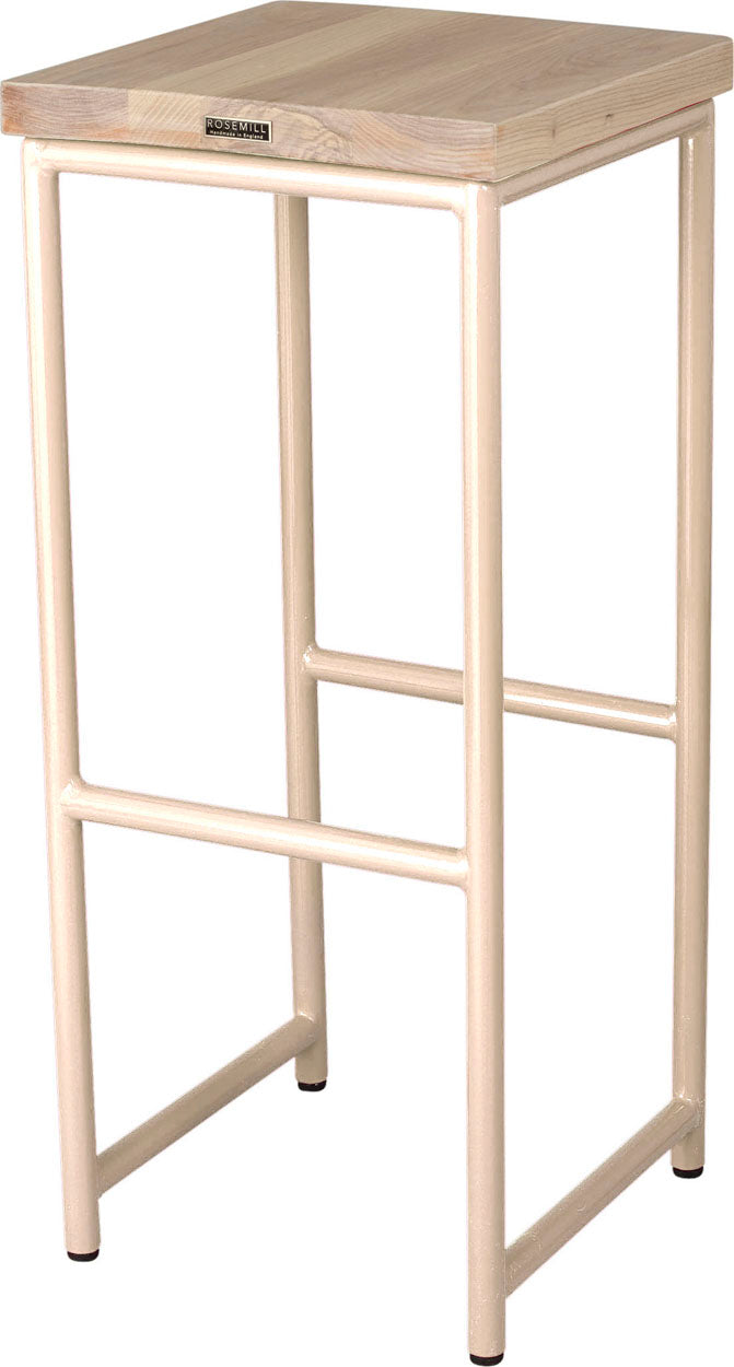 Off white metal stool with whitewash stain ash wood made in UK - back side view round frame