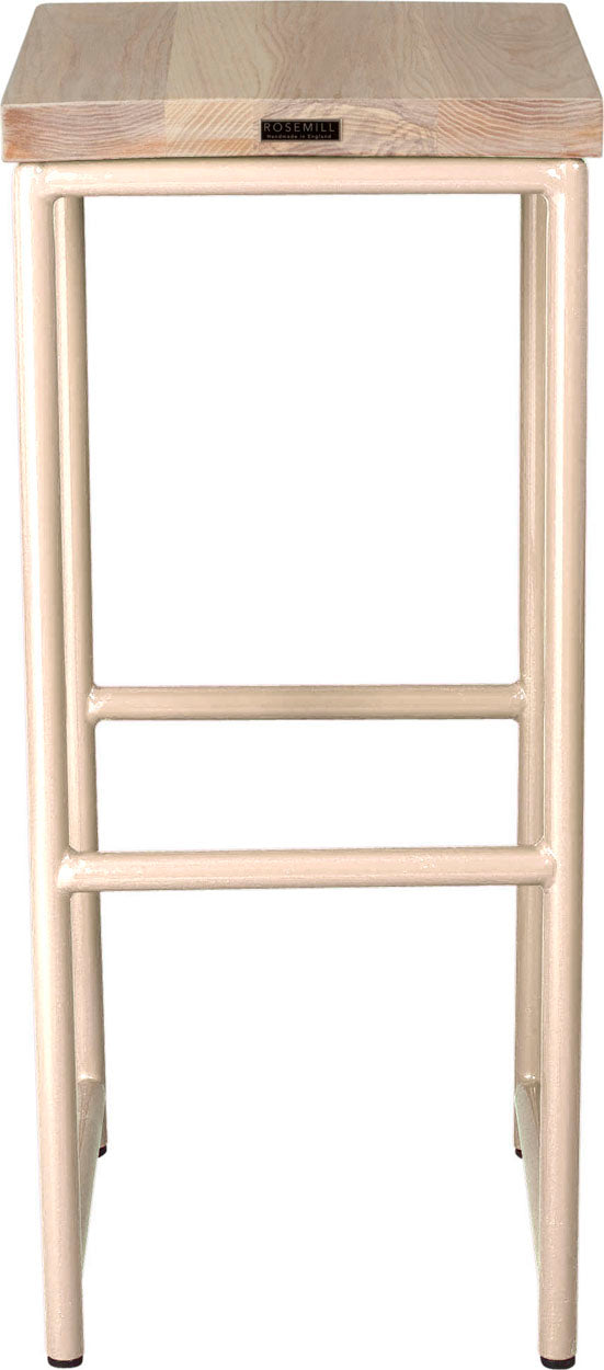 Off white metal stool with whitewash stain ash wood made in UK - back view round frame