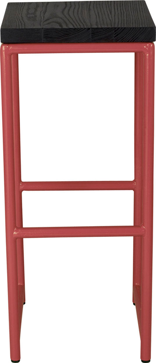 Crimson red metal stool with black stain ash wood made in UK - front view round frame