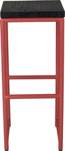 Load image into Gallery viewer, Crimson red metal stool with black stain ash wood made in UK - front view round frame

