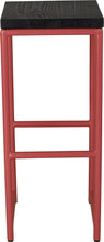 Load image into Gallery viewer, Crimson red metal stool with black stain ash wood made in UK - front view round frame
