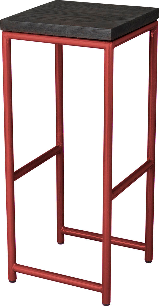 Crimson red metal stool with black stain ash wood made in UK - angle view round frame