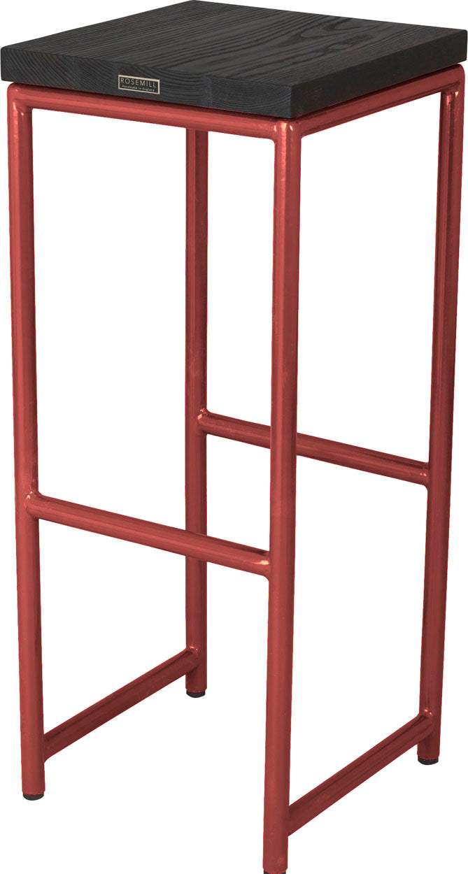 Crimson red metal stool with black stain ash wood made in UK - back side view round frame