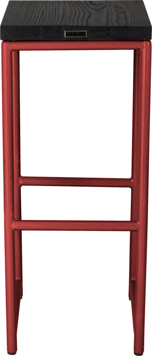 Crimson red metal stool with black stain ash wood made in UK - back view round frame