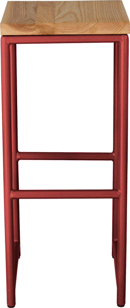Crimson red metal stool with natural stain ash wood made in UK - front view round frame