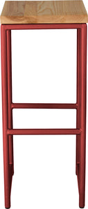 Crimson red metal stool with natural stain ash wood made in UK - front view round frame