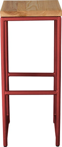 Crimson red metal stool with natural stain ash wood made in UK - front view round frame