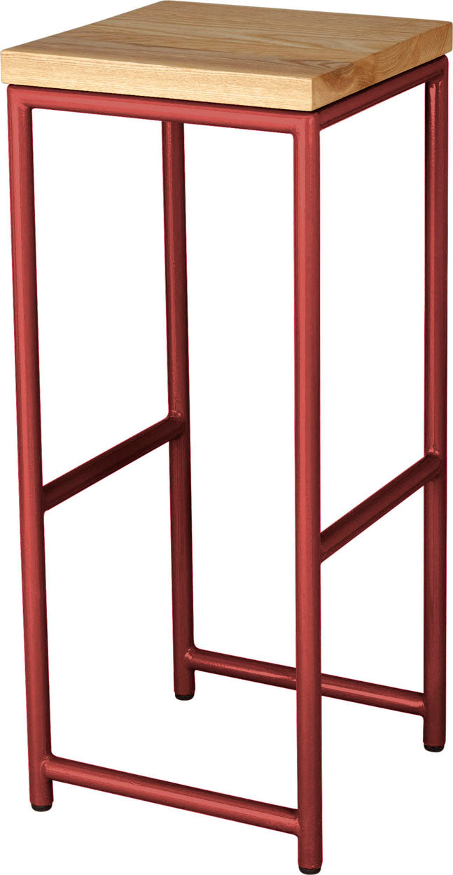 Crimson red metal stool with natural stain ash wood made in UK - angle view round frame