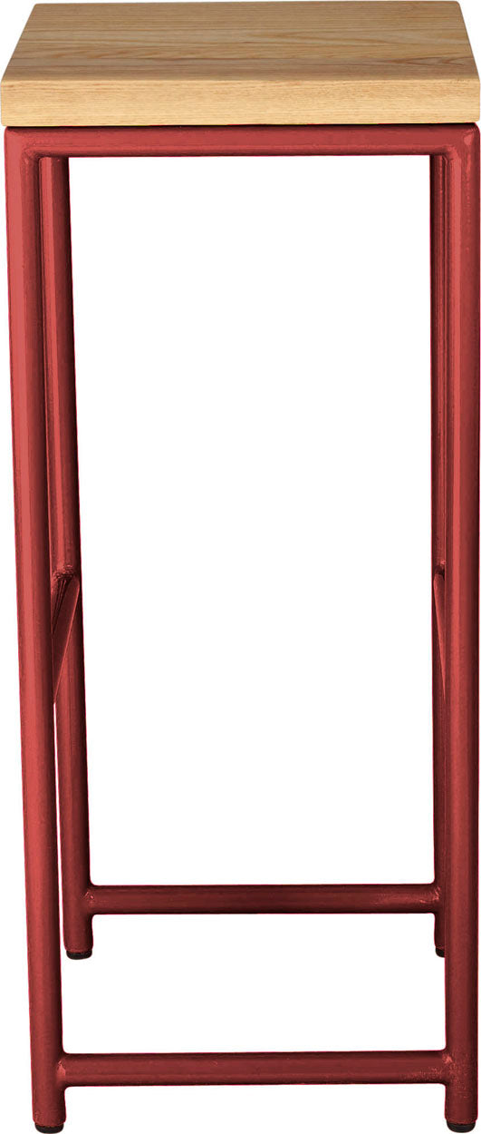 Crimson red metal stool with natural stain ash wood made in UK - side view round frame