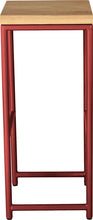 Load image into Gallery viewer, Crimson red metal stool with natural stain ash wood made in UK - side view round frame
