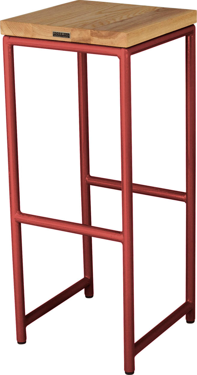 Crimson red metal stool with natural stain ash wood made in UK - back side view round frame