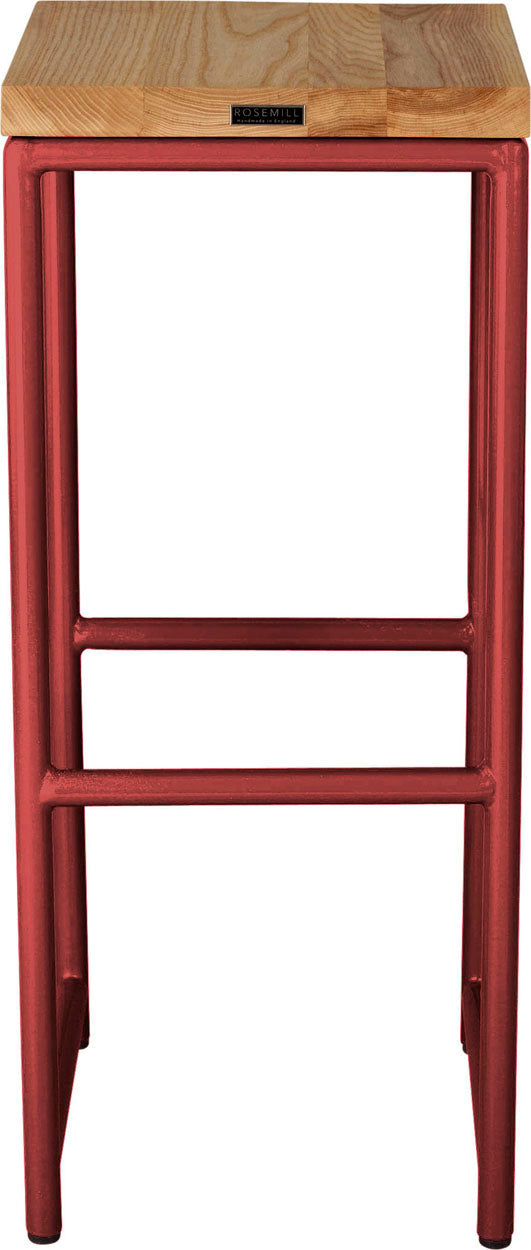 Crimson red metal stool with natural stain ash wood made in UK - back view round frame