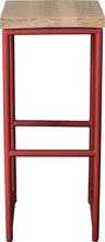 Load image into Gallery viewer, Crimson red metal stool with whitewash stain ash wood made in UK - front view round frame
