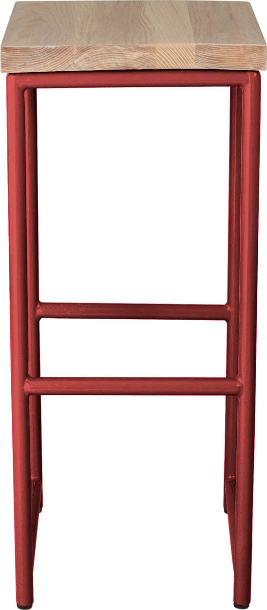 Crimson red metal stool with whitewash stain ash wood made in UK - front view round frame