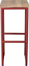 Load image into Gallery viewer, Crimson red metal stool with whitewash stain ash wood made in UK - front view round frame
