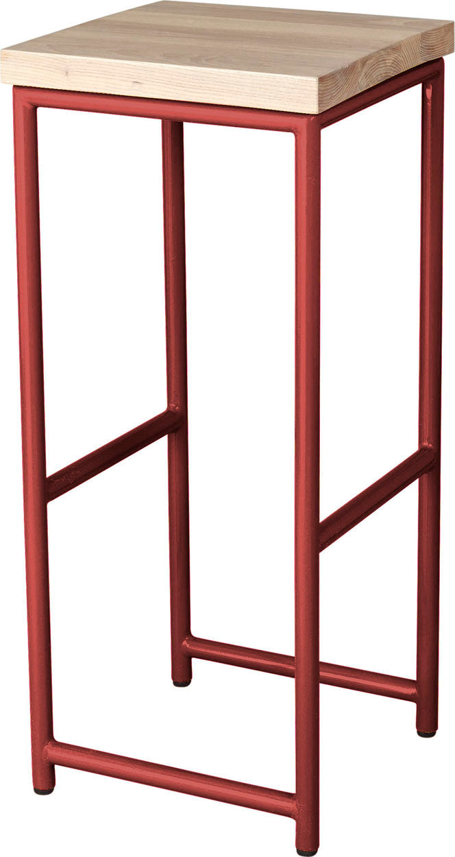 Crimson red metal stool with whitewash stain ash wood made in UK - angle view round frame