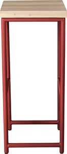 Crimson red metal stool with whitewash stain ash wood made in UK - side view round frame