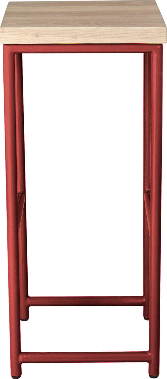 Crimson red metal stool with whitewash stain ash wood made in UK - side view round frame