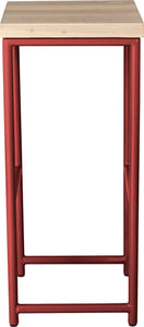 Crimson red metal stool with whitewash stain ash wood made in UK - side view round frame