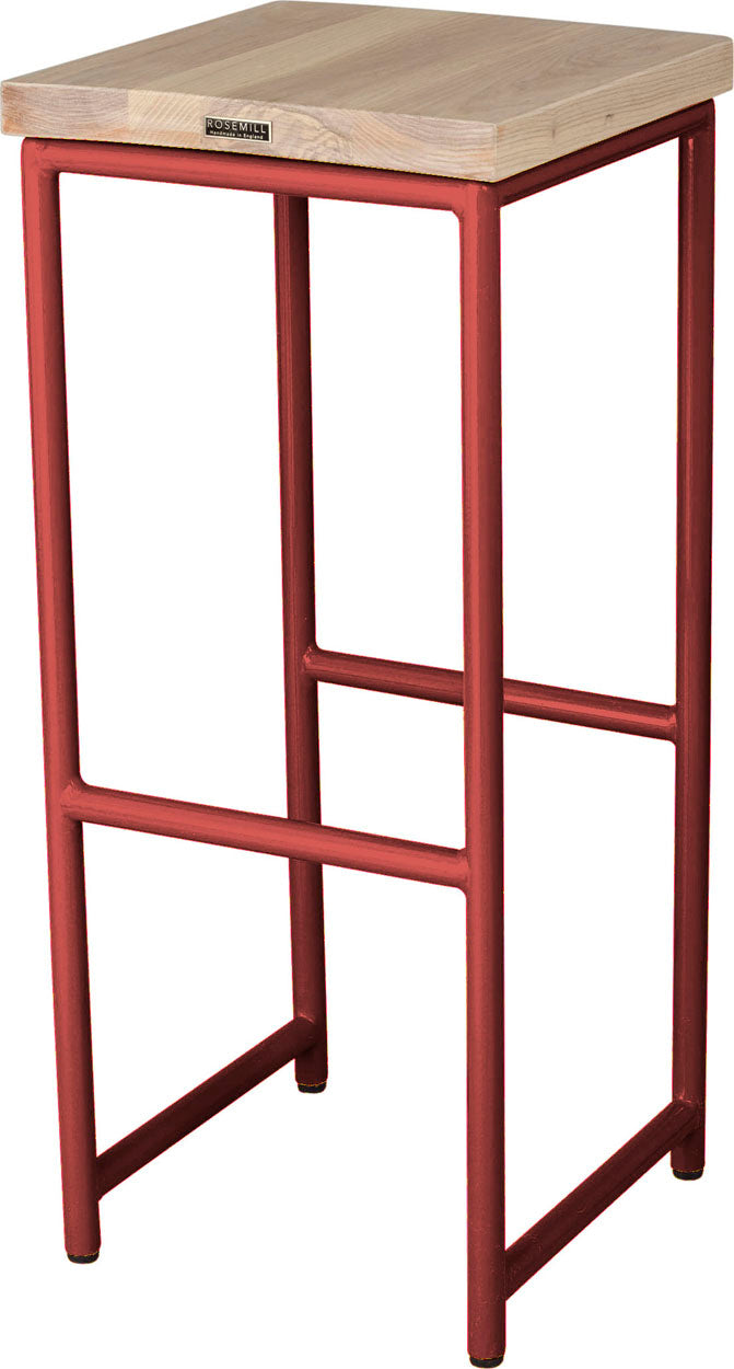 Crimson red metal stool with whitewash stain ash wood made in UK - back side view round frame