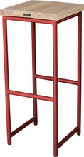 Load image into Gallery viewer, Crimson red metal stool with whitewash stain ash wood made in UK - back side view round frame
