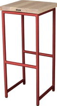 Load image into Gallery viewer, Crimson red metal stool with whitewash stain ash wood made in UK - back side view round frame
