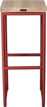 Load image into Gallery viewer, Crimson red metal stool with whitewash stain ash wood made in UK - back view round frame
