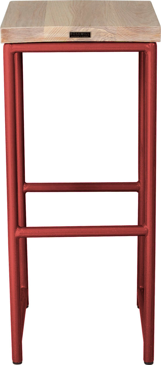 Crimson red metal stool with whitewash stain ash wood made in UK - back view round frame