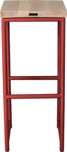 Load image into Gallery viewer, Crimson red metal stool with whitewash stain ash wood made in UK - back view round frame
