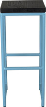 Load image into Gallery viewer, Duck-egg blue metal stool with black stain ash wood made in UK - front view round frame
