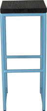 Load image into Gallery viewer, Duck-egg blue metal stool with black stain ash wood made in UK - front view round frame
