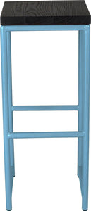 Duck-egg blue metal stool with black stain ash wood made in UK - front view round frame