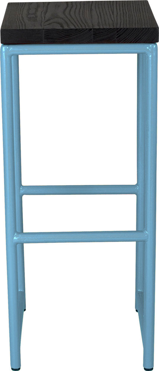 Duck-egg blue metal stool with black stain ash wood made in UK - front view round frame
