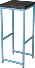 Load image into Gallery viewer, Duck-egg blue metal stool with black stain ash wood made in UK - angle view round frame
