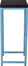 Load image into Gallery viewer, Duck-egg blue metal stool with black stain ash wood made in UK - side view round frame
