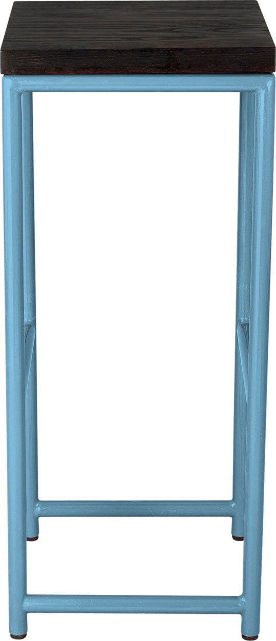 Duck-egg blue metal stool with black stain ash wood made in UK - side view round frame