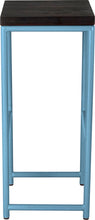 Load image into Gallery viewer, Duck-egg blue metal stool with black stain ash wood made in UK - side view round frame
