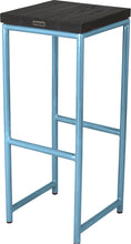 Load image into Gallery viewer, Duck-egg blue metal stool with black stain ash wood made in UK - back side view round frame
