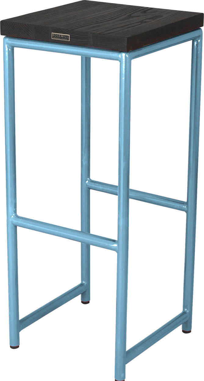 Duck-egg blue metal stool with black stain ash wood made in UK - back side view round frame